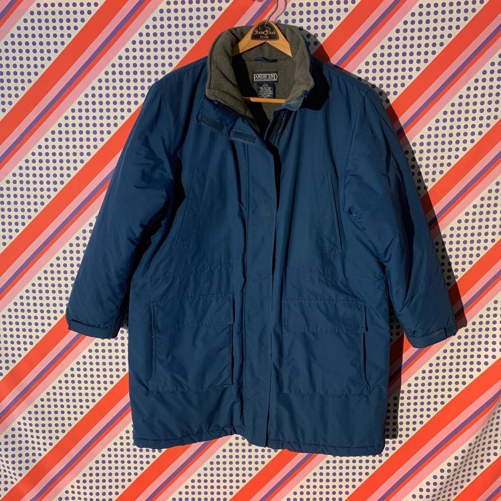 Lands End Blue Puffer Jacket Fleece Lined Retro Hipster Womens Large 14-16 P